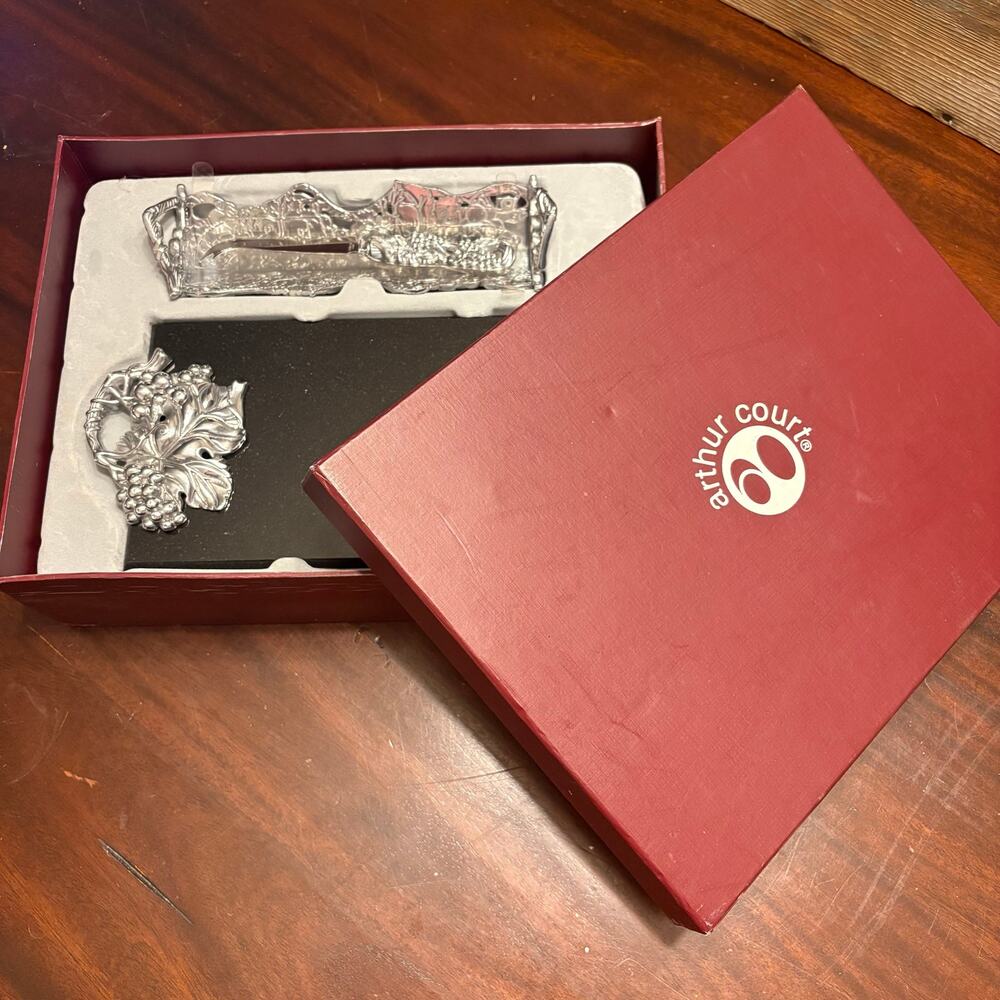 Arthur Court Grape Black Marble Cheese Board Set NIB Vintage Serving Tray Knife